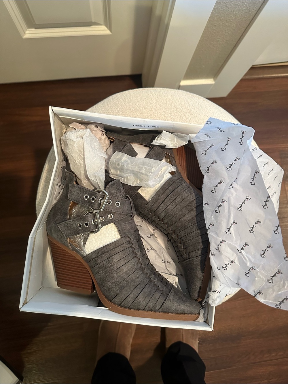 Women’s Gray Strappy Suede Block Heel Booties